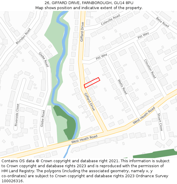 26, GIFFARD DRIVE, FARNBOROUGH, GU14 8PU: Location map and indicative extent of plot