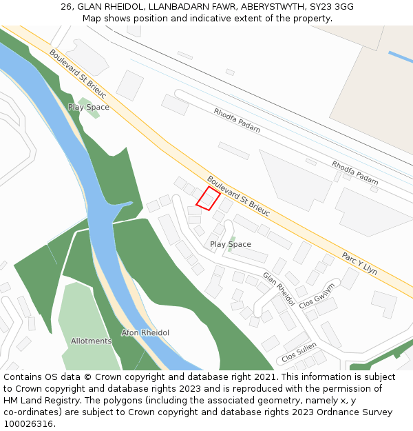 26, GLAN RHEIDOL, LLANBADARN FAWR, ABERYSTWYTH, SY23 3GG: Location map and indicative extent of plot