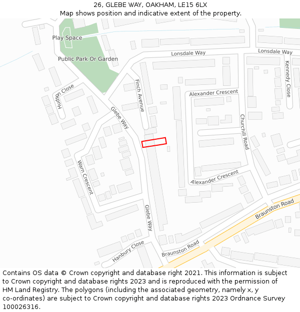 26, GLEBE WAY, OAKHAM, LE15 6LX: Location map and indicative extent of plot