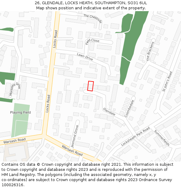 26, GLENDALE, LOCKS HEATH, SOUTHAMPTON, SO31 6UL: Location map and indicative extent of plot