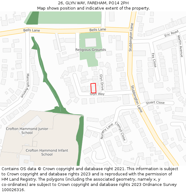 26, GLYN WAY, FAREHAM, PO14 2PH: Location map and indicative extent of plot