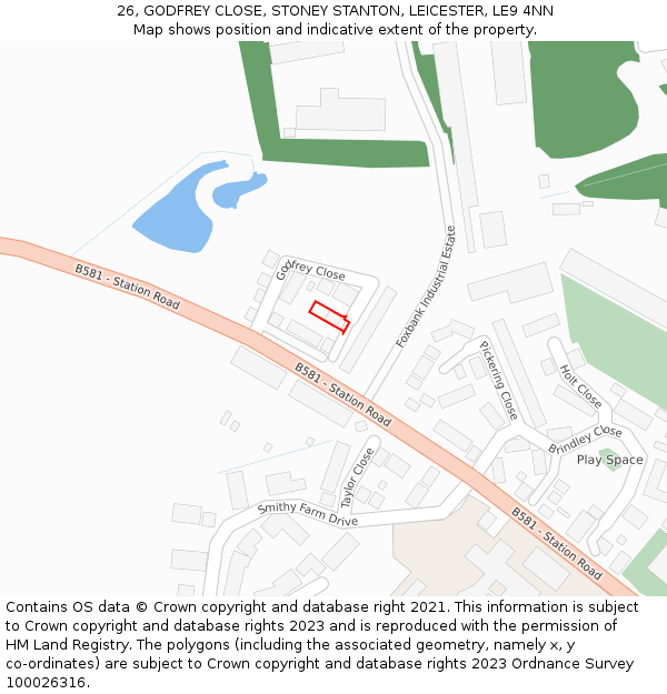 26, GODFREY CLOSE, STONEY STANTON, LEICESTER, LE9 4NN: Location map and indicative extent of plot