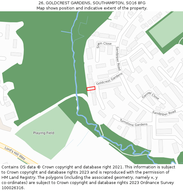 26, GOLDCREST GARDENS, SOUTHAMPTON, SO16 8FG: Location map and indicative extent of plot