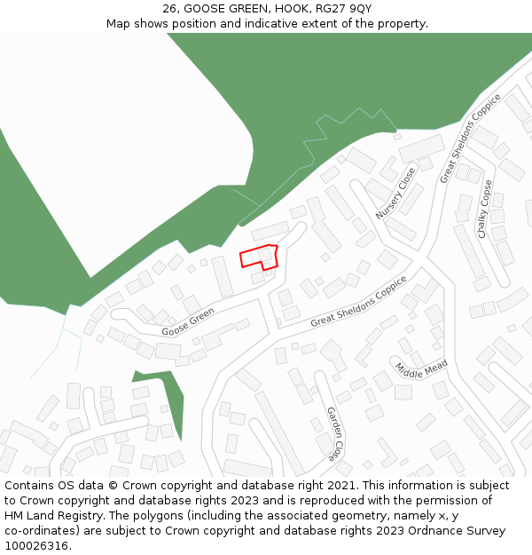 26, GOOSE GREEN, HOOK, RG27 9QY: Location map and indicative extent of plot