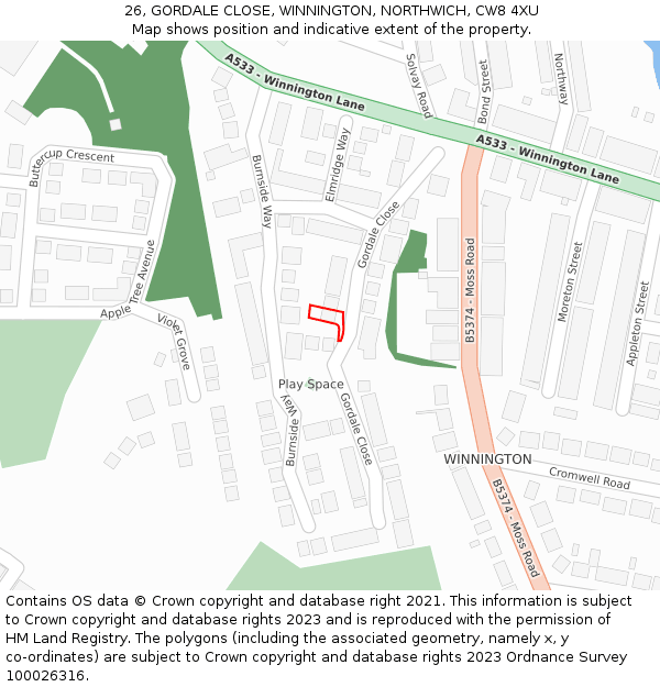 26, GORDALE CLOSE, WINNINGTON, NORTHWICH, CW8 4XU: Location map and indicative extent of plot