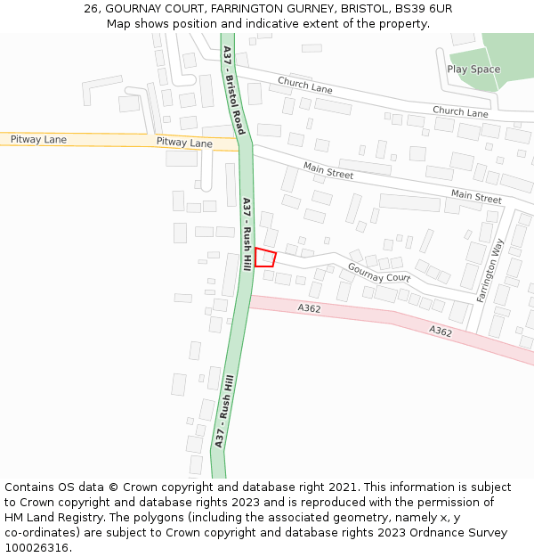 26, GOURNAY COURT, FARRINGTON GURNEY, BRISTOL, BS39 6UR: Location map and indicative extent of plot