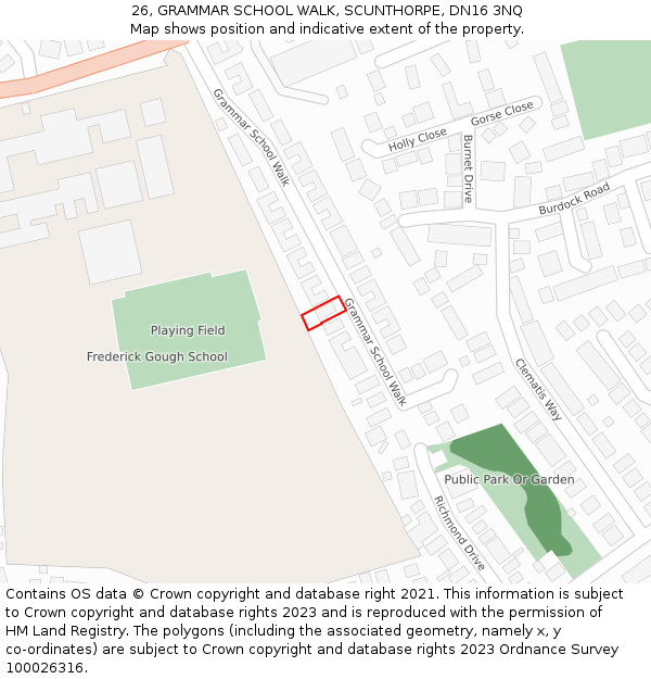 26, GRAMMAR SCHOOL WALK, SCUNTHORPE, DN16 3NQ: Location map and indicative extent of plot