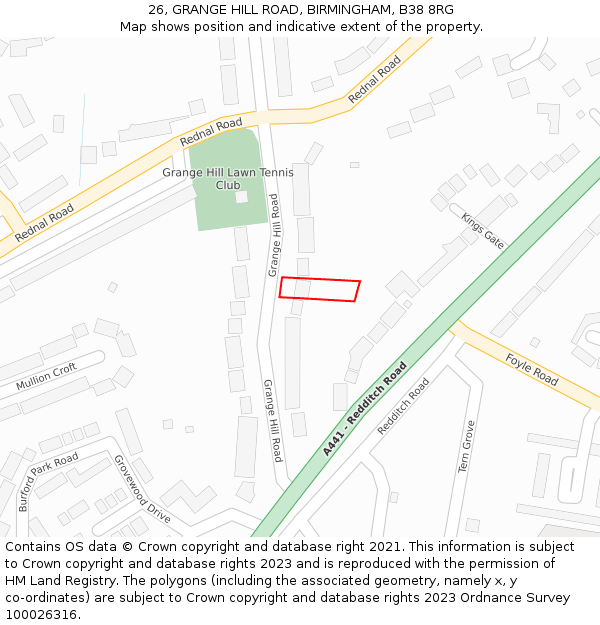 26, GRANGE HILL ROAD, BIRMINGHAM, B38 8RG: Location map and indicative extent of plot