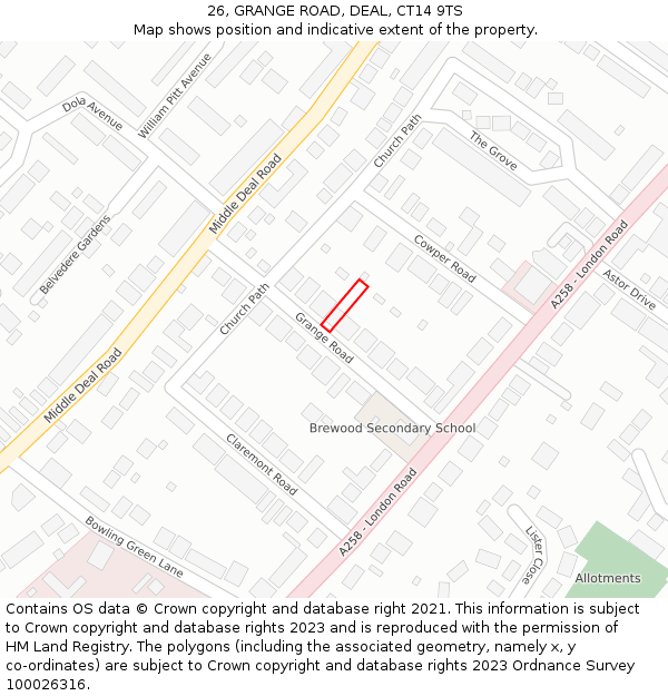 26, GRANGE ROAD, DEAL, CT14 9TS: Location map and indicative extent of plot