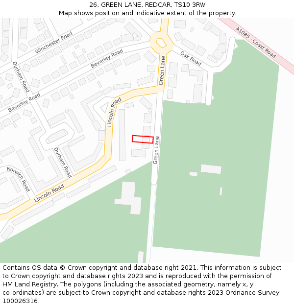 26, GREEN LANE, REDCAR, TS10 3RW: Location map and indicative extent of plot