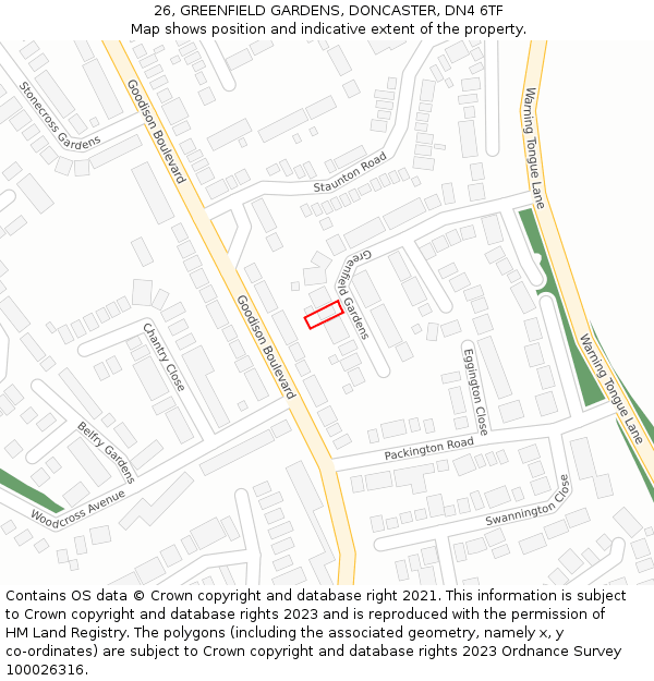 26, GREENFIELD GARDENS, DONCASTER, DN4 6TF: Location map and indicative extent of plot