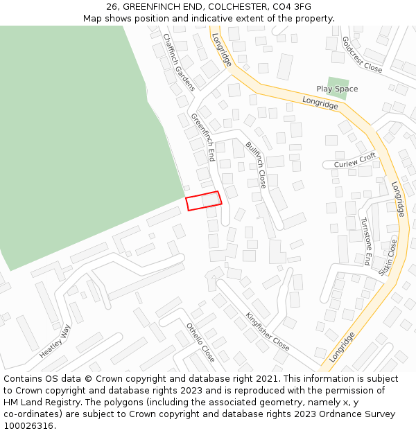 26, GREENFINCH END, COLCHESTER, CO4 3FG: Location map and indicative extent of plot