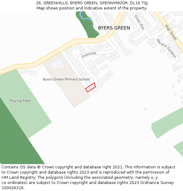 26, GREENHILLS, BYERS GREEN, SPENNYMOOR, DL16 7QJ: Location map and indicative extent of plot