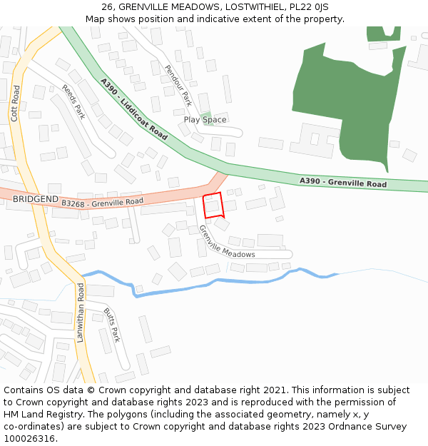 26, GRENVILLE MEADOWS, LOSTWITHIEL, PL22 0JS: Location map and indicative extent of plot