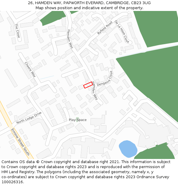 26, HAMDEN WAY, PAPWORTH EVERARD, CAMBRIDGE, CB23 3UG: Location map and indicative extent of plot