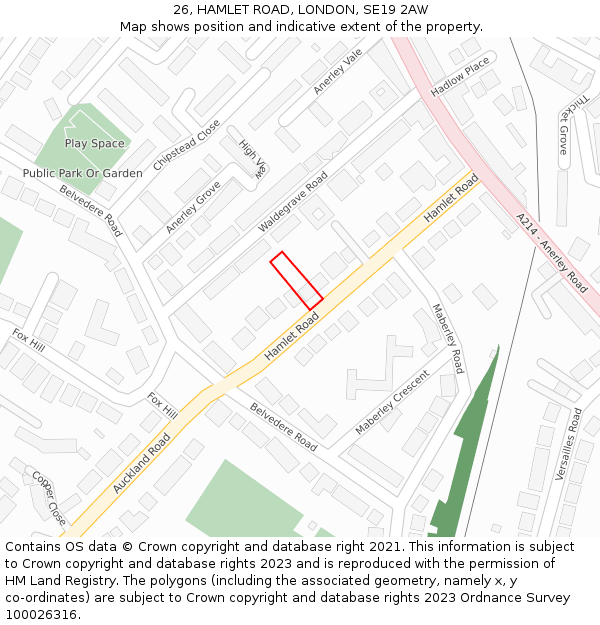 26, HAMLET ROAD, LONDON, SE19 2AW: Location map and indicative extent of plot