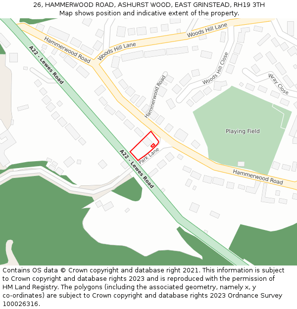 26, HAMMERWOOD ROAD, ASHURST WOOD, EAST GRINSTEAD, RH19 3TH: Location map and indicative extent of plot