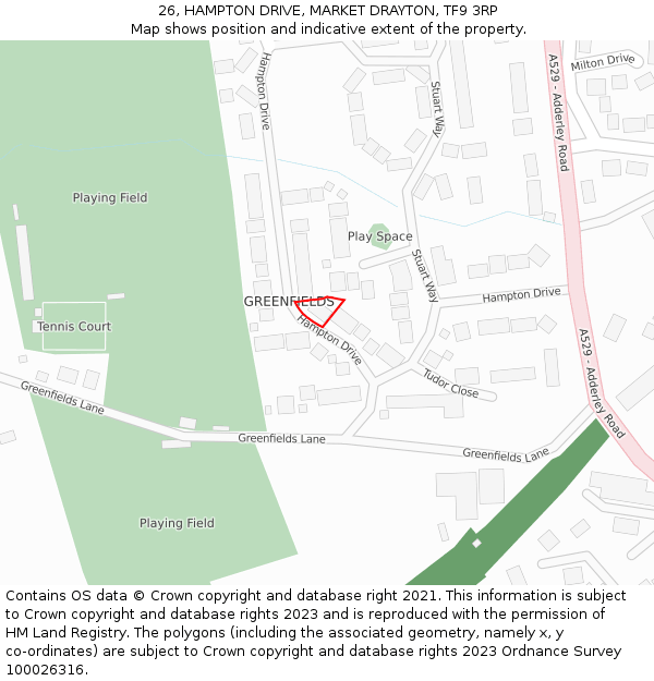 26, HAMPTON DRIVE, MARKET DRAYTON, TF9 3RP: Location map and indicative extent of plot