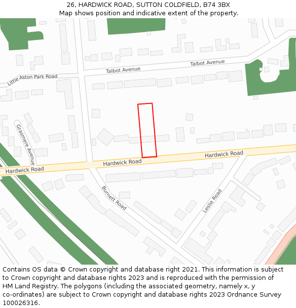 26, HARDWICK ROAD, SUTTON COLDFIELD, B74 3BX: Location map and indicative extent of plot