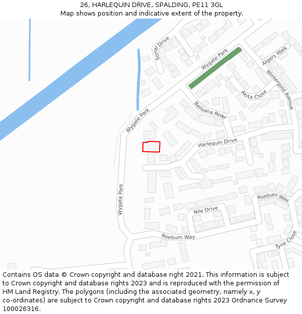 26, HARLEQUIN DRIVE, SPALDING, PE11 3GL: Location map and indicative extent of plot