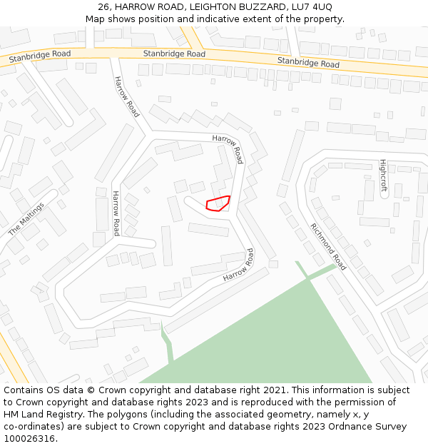 26, HARROW ROAD, LEIGHTON BUZZARD, LU7 4UQ: Location map and indicative extent of plot