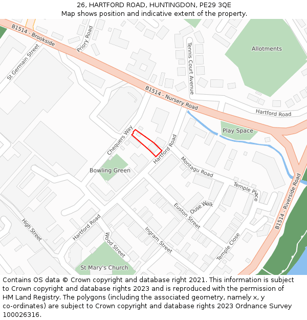 26, HARTFORD ROAD, HUNTINGDON, PE29 3QE: Location map and indicative extent of plot