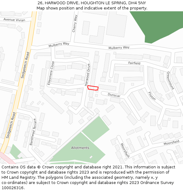 26, HARWOOD DRIVE, HOUGHTON LE SPRING, DH4 5NY: Location map and indicative extent of plot