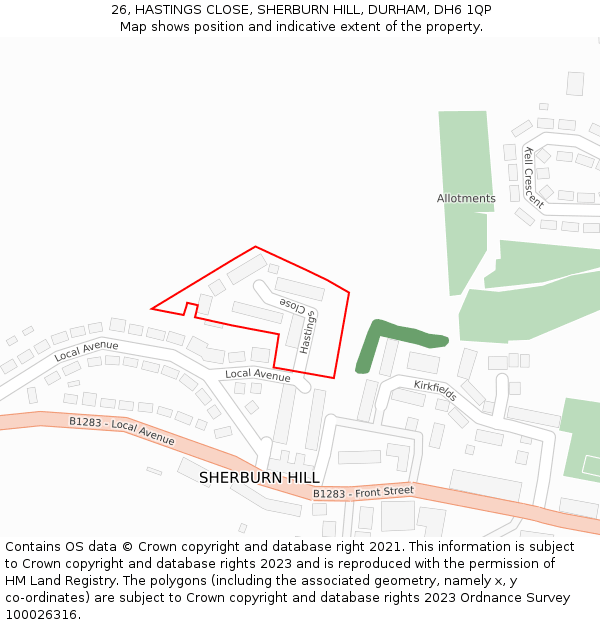 26, HASTINGS CLOSE, SHERBURN HILL, DURHAM, DH6 1QP: Location map and indicative extent of plot