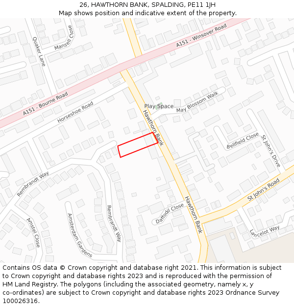 26, HAWTHORN BANK, SPALDING, PE11 1JH: Location map and indicative extent of plot