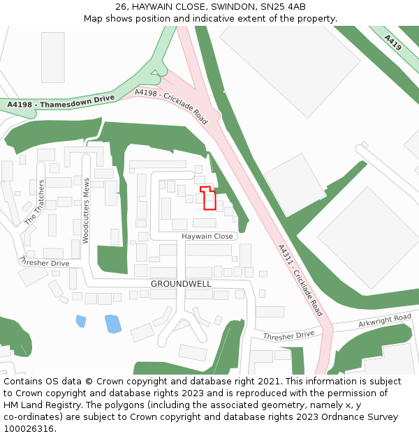 26, HAYWAIN CLOSE, SWINDON, SN25 4AB: Location map and indicative extent of plot