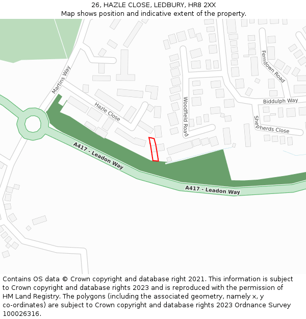 26, HAZLE CLOSE, LEDBURY, HR8 2XX: Location map and indicative extent of plot