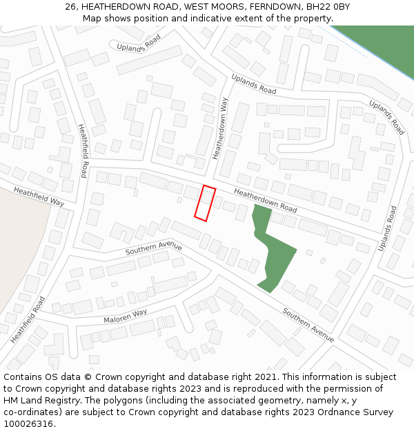 26, HEATHERDOWN ROAD, WEST MOORS, FERNDOWN, BH22 0BY: Location map and indicative extent of plot