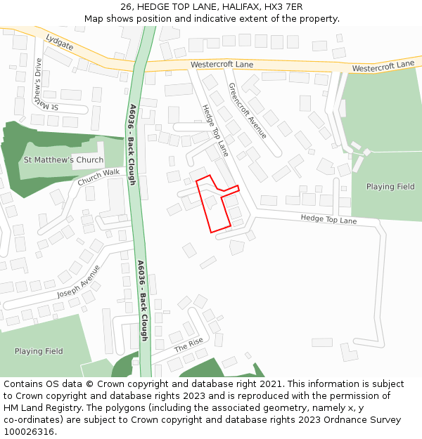 26, HEDGE TOP LANE, HALIFAX, HX3 7ER: Location map and indicative extent of plot