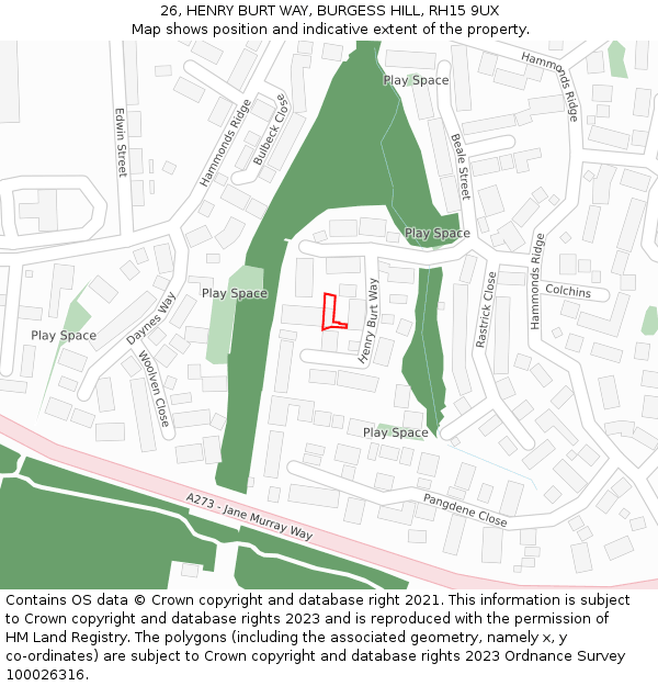 26, HENRY BURT WAY, BURGESS HILL, RH15 9UX: Location map and indicative extent of plot