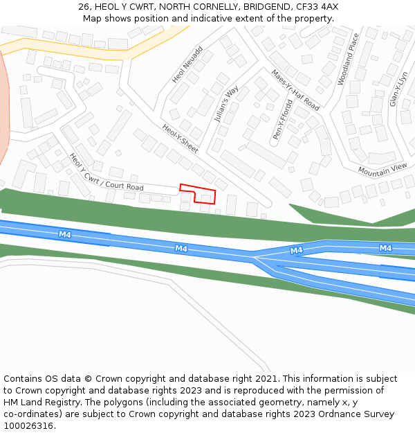 26, HEOL Y CWRT, NORTH CORNELLY, BRIDGEND, CF33 4AX: Location map and indicative extent of plot
