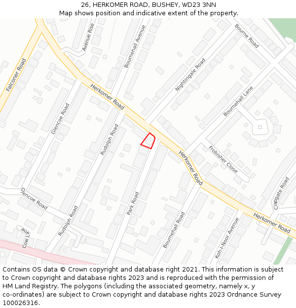 26, HERKOMER ROAD, BUSHEY, WD23 3NN: Location map and indicative extent of plot