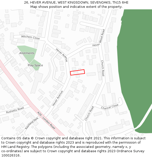 26, HEVER AVENUE, WEST KINGSDOWN, SEVENOAKS, TN15 6HE: Location map and indicative extent of plot