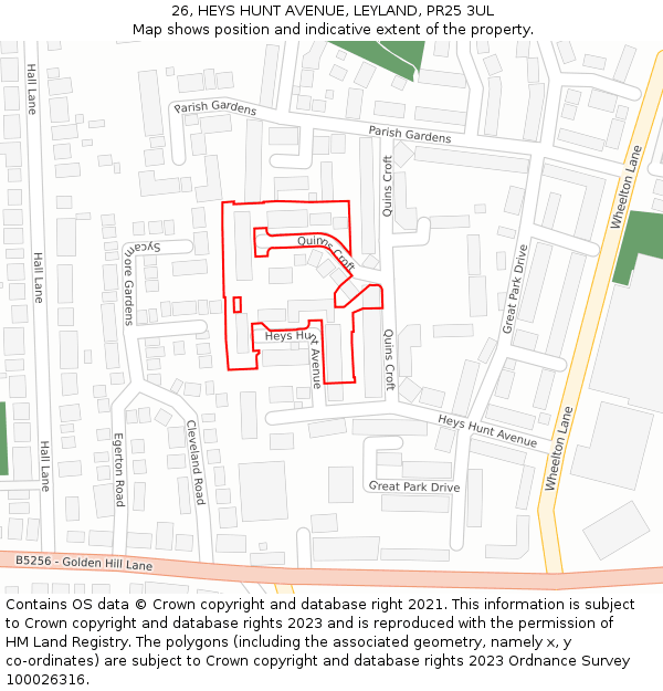 26, HEYS HUNT AVENUE, LEYLAND, PR25 3UL: Location map and indicative extent of plot