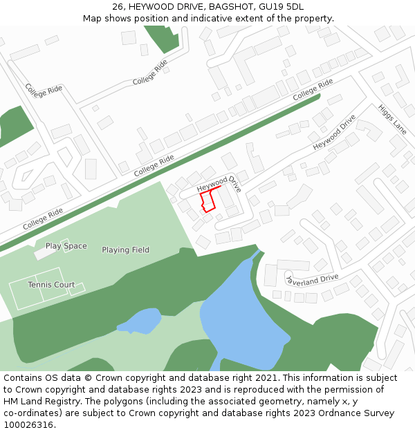 26, HEYWOOD DRIVE, BAGSHOT, GU19 5DL: Location map and indicative extent of plot