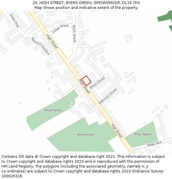 26, HIGH STREET, BYERS GREEN, SPENNYMOOR, DL16 7PA: Location map and indicative extent of plot