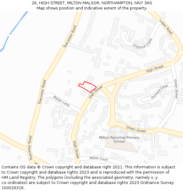 26, HIGH STREET, MILTON MALSOR, NORTHAMPTON, NN7 3AS: Location map and indicative extent of plot