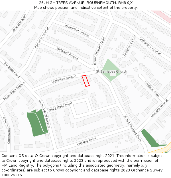 26, HIGH TREES AVENUE, BOURNEMOUTH, BH8 9JX: Location map and indicative extent of plot