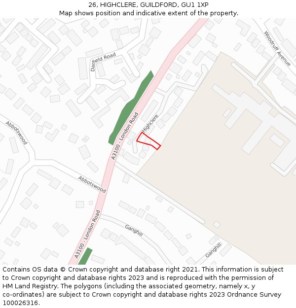 26, HIGHCLERE, GUILDFORD, GU1 1XP: Location map and indicative extent of plot
