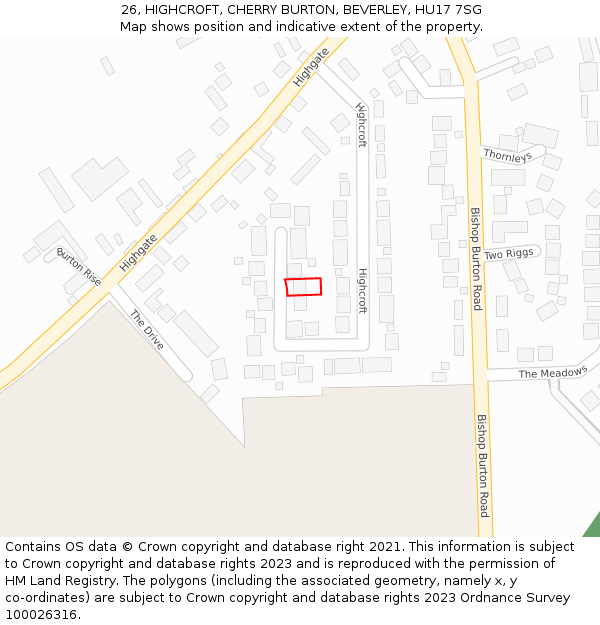 26, HIGHCROFT, CHERRY BURTON, BEVERLEY, HU17 7SG: Location map and indicative extent of plot