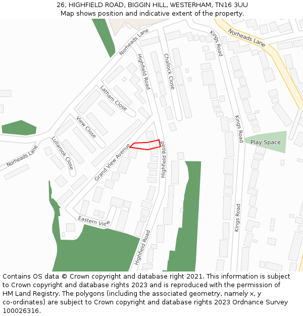 26, HIGHFIELD ROAD, BIGGIN HILL, WESTERHAM, TN16 3UU: Location map and indicative extent of plot