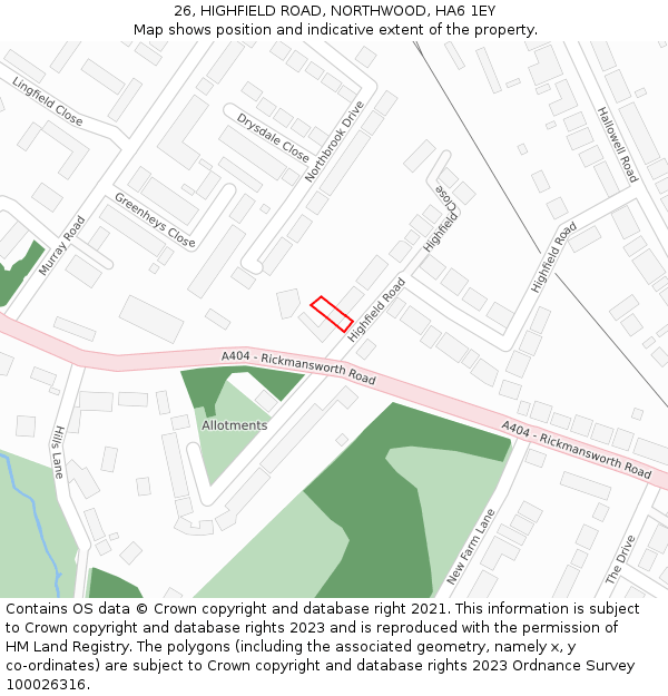 26, HIGHFIELD ROAD, NORTHWOOD, HA6 1EY: Location map and indicative extent of plot