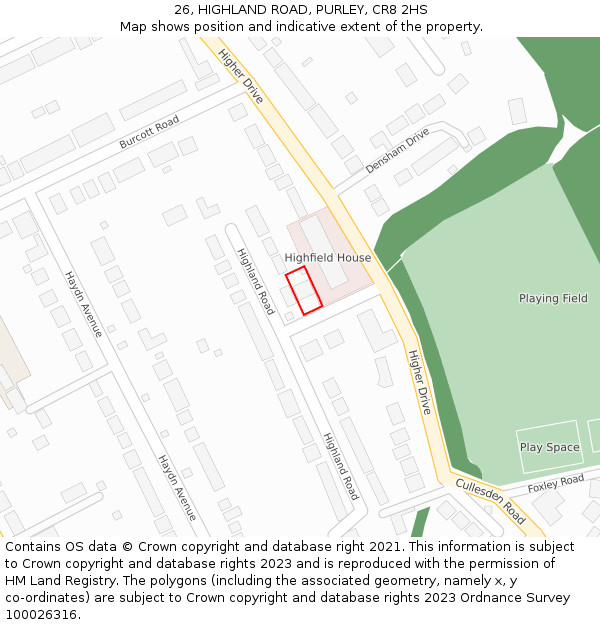 26, HIGHLAND ROAD, PURLEY, CR8 2HS: Location map and indicative extent of plot