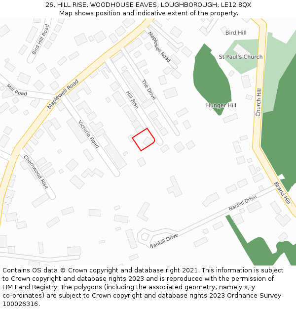 26, HILL RISE, WOODHOUSE EAVES, LOUGHBOROUGH, LE12 8QX: Location map and indicative extent of plot