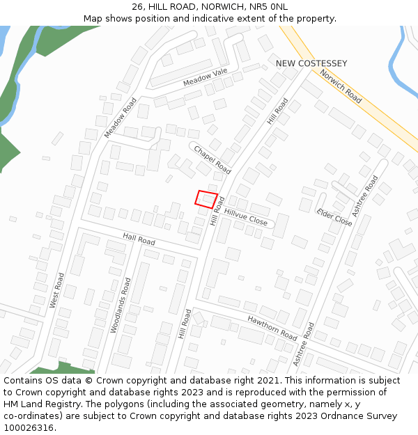 26, HILL ROAD, NORWICH, NR5 0NL: Location map and indicative extent of plot