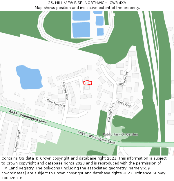 26, HILL VIEW RISE, NORTHWICH, CW8 4XA: Location map and indicative extent of plot